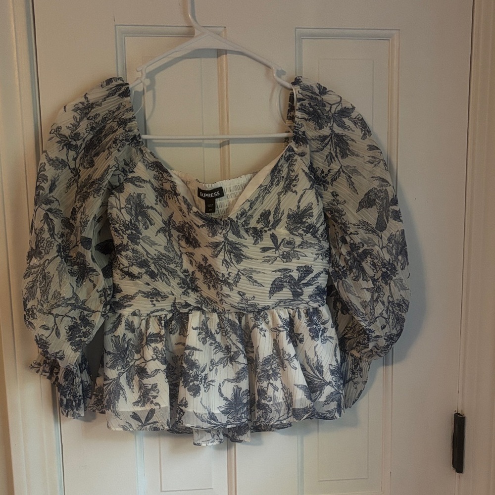 Express Women's Blouse - Navy Floral on White